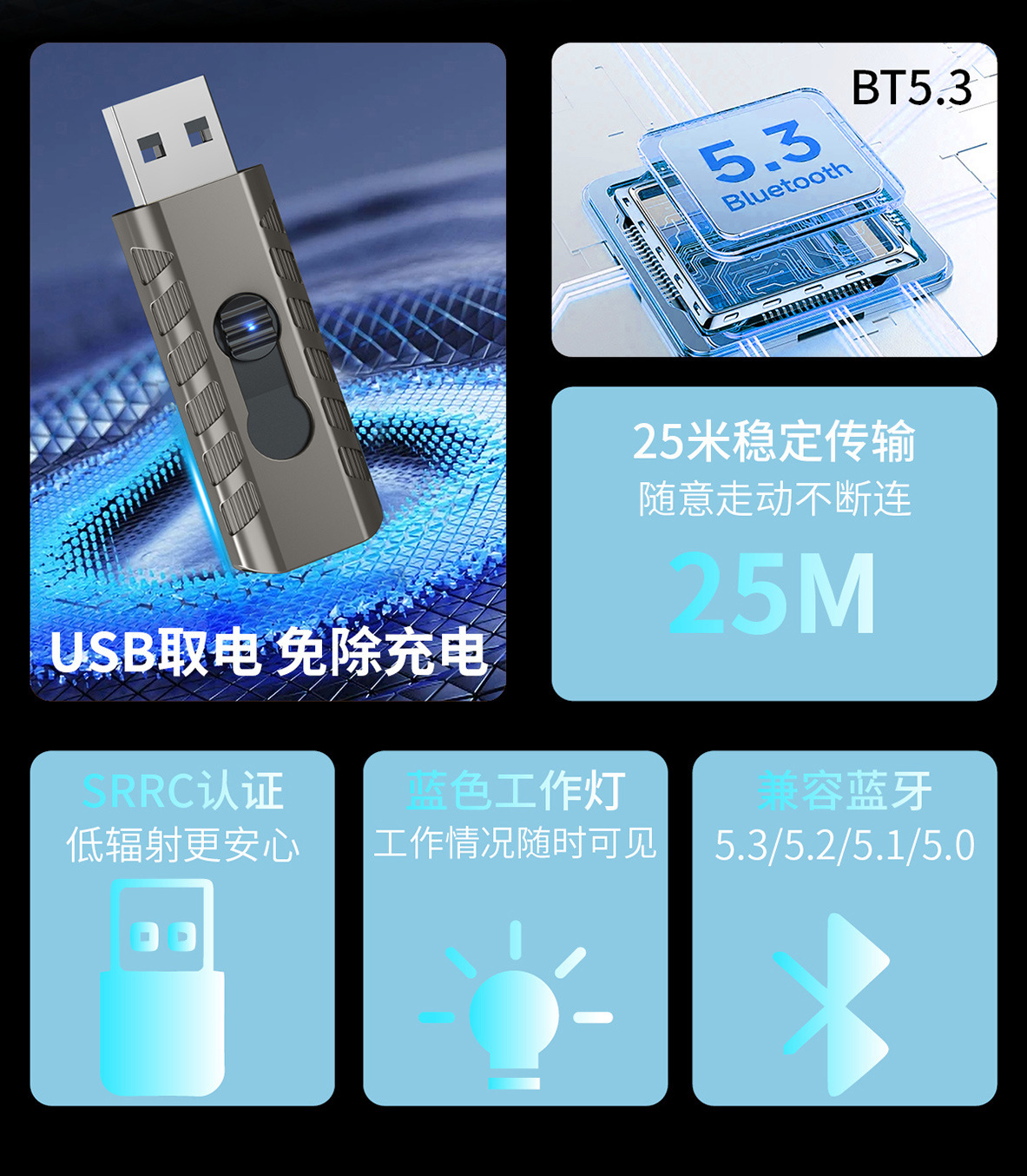 Car Bluetooth Receiver 5.3 Lossless Sound Quality Wireless Connection Audio Amplifier Headphone Universal Converter