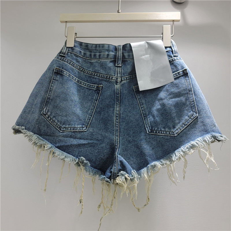 Pantalón Corto de Mezclilla con Remaches para Mujer de Cintura Baja con Bordes Deshilachados para Verano