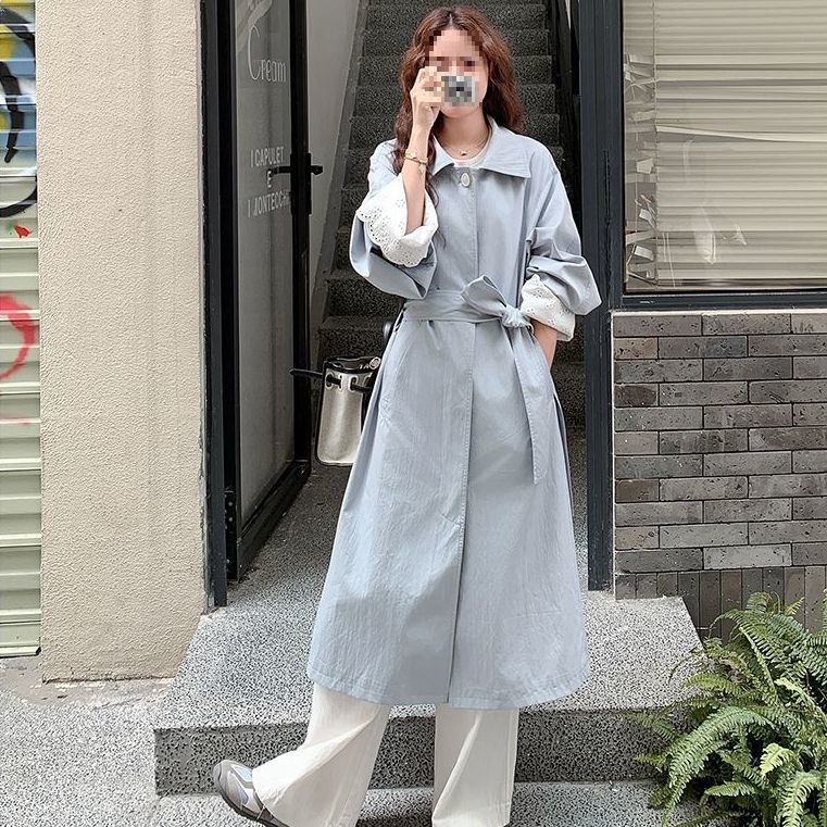 Light Blue Lace Splicing Mid-Length Windbreaker Jacket for Women Early Spring and Autumn New Korean Style Over-The-Knee Coat