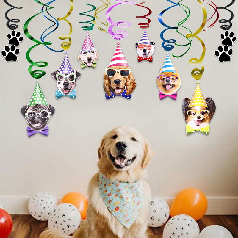Perro de mascota decoración de fiesta de cumpleaños PVC colgante espiral banner impresión de garra de perro tema colgante colgante espiral