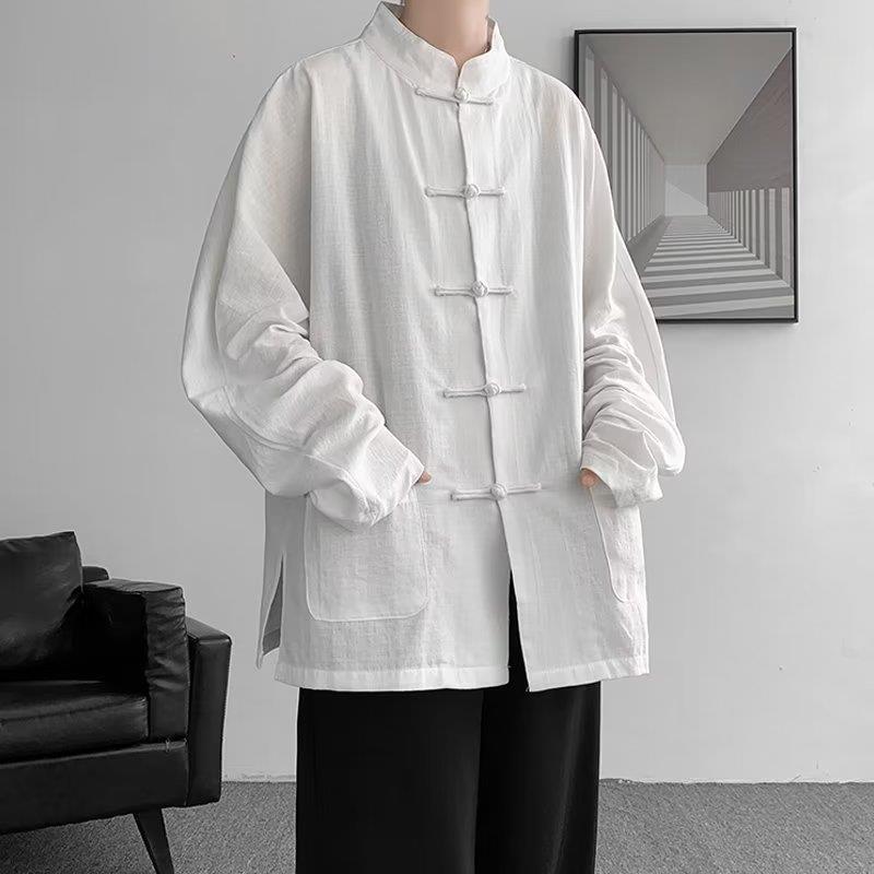 New Chinese Style Casual Shirt Men's Chinese Style Men's Clothing Chinese Elements plus size Coat Cotton and Linen Buckle Dao Robe Han Clothes New Chinese Style Casual Shirt Men's Chinese Style Men's Clothing Chinese Elements plus size Coat Cotton and Linen Buckle Dao Robe Han Clothes