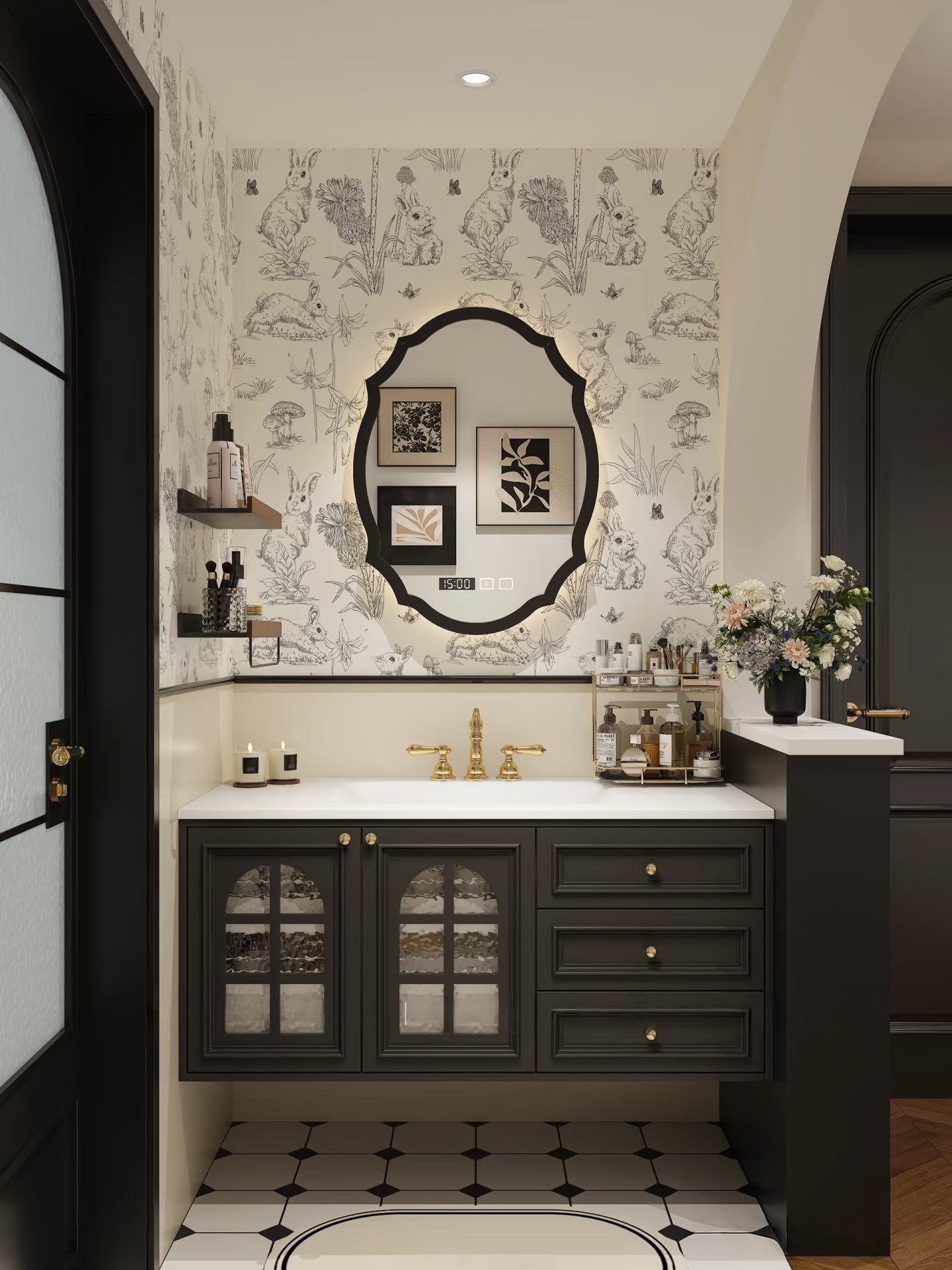 French Retro Oval Black Mid-Century Style Bathroom Mirror Wall-Mounted Mirror Decorative Frame Bathroom Mirror