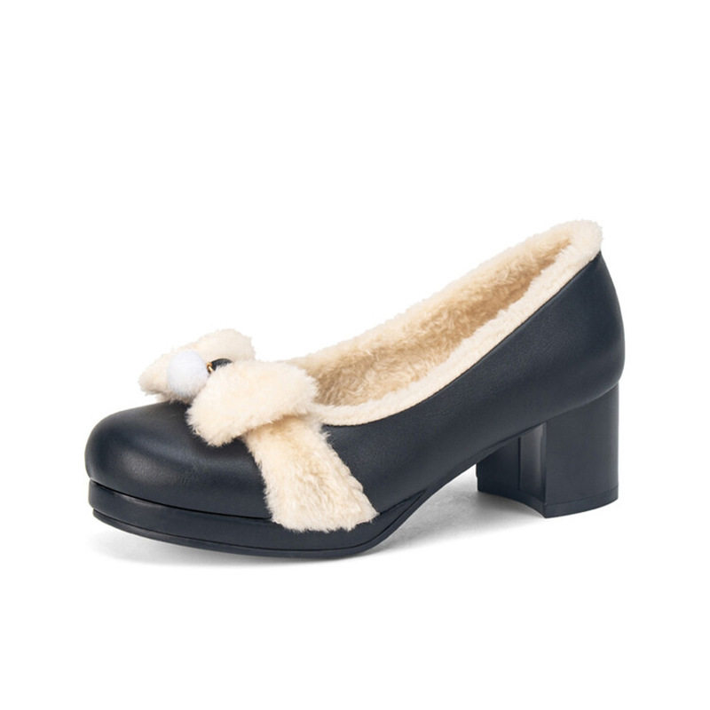 Manufacturer's cross-border foreign trade women's shoes, Lolita style, cute bow, round toe, mid-heel women's shoes, winter plush single shoes 229- Manufacturer's cross-border foreign trade women's shoes, Lolita style, cute bow, round toe, mid-heel women's shoes, winter plush single shoes 229-