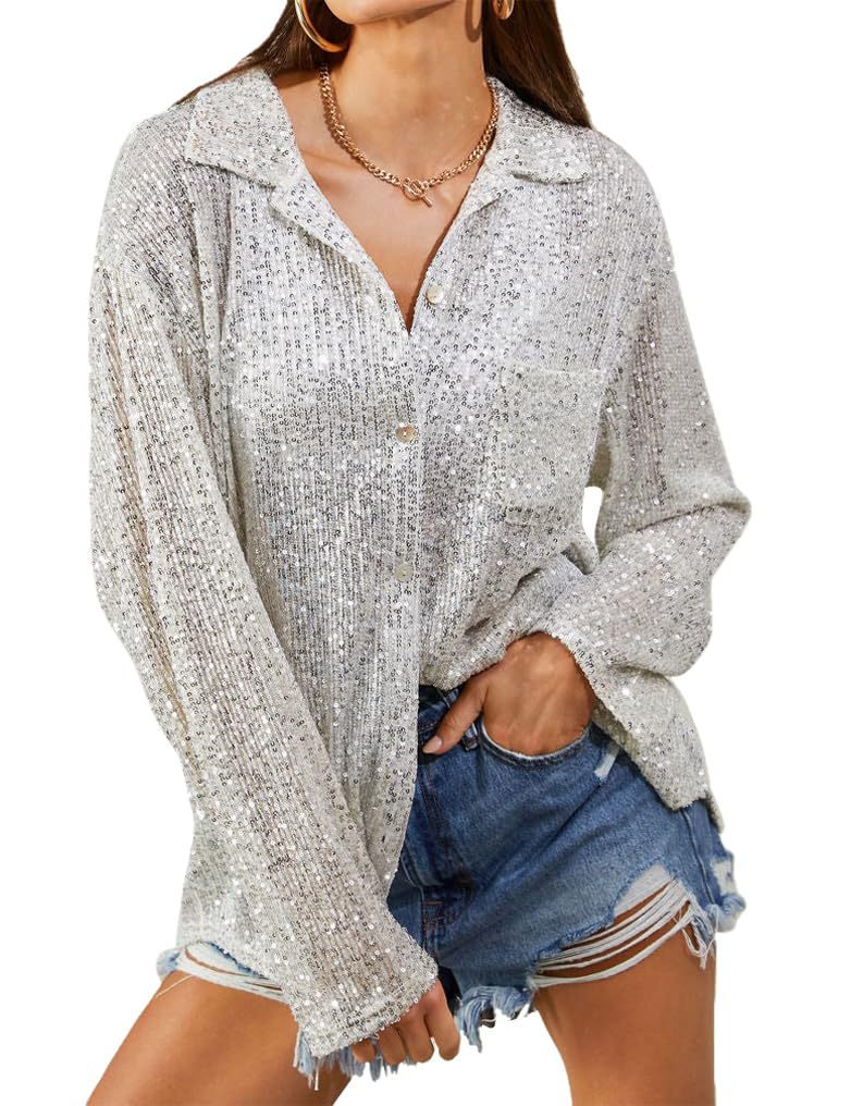 Camisa elegante informal de manga larga con lentejuelas y solapa, nueva moda de Amazon para ropa femenina transfronteriza europea y americana, otoño 2025