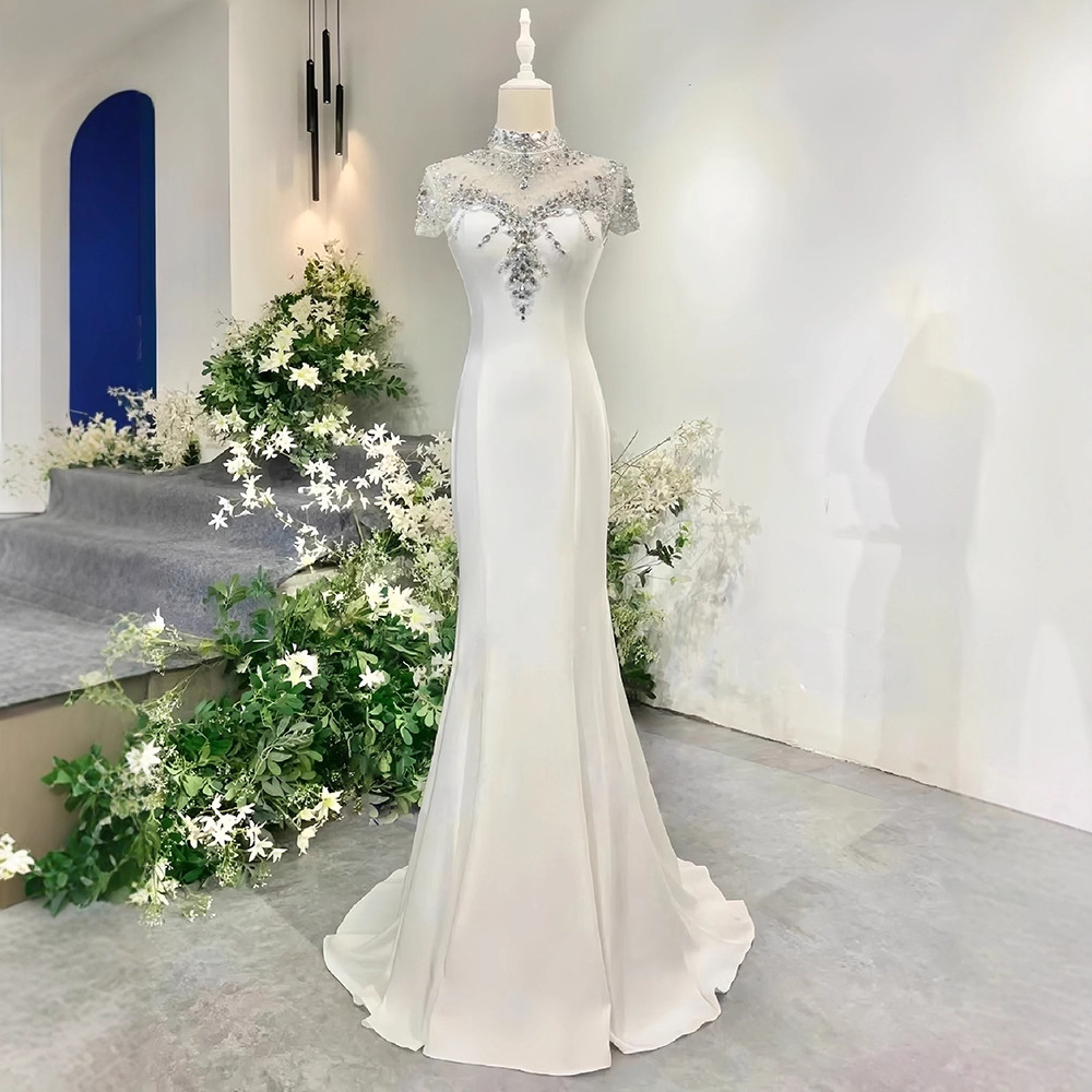 Banquet White Host Evening Dress for Women, French Style, Dignified and Elegant, Solo Performance Dress, Banquet Style Fishtail Long Dress