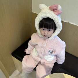 儿童睡衣2026新款秋冬女童可爱kt猫连帽半边绒上衣裤子套装家居服