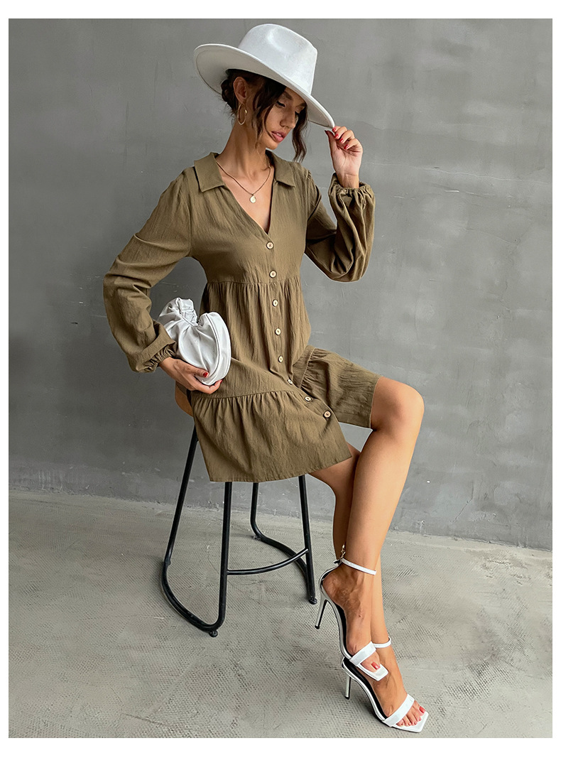 Fashion Solid Color Turndown Long Sleeve Patchwork Pleated Polyester Above Knee A-Line Skirt