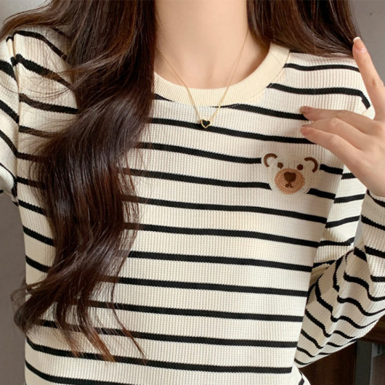 Breastfeeding Top Hot Mom's Spring and Summer Postpartum Tide Mom's Top-up Pure Cotton Breastfeeding Base Shirt with No Zipper Stripe