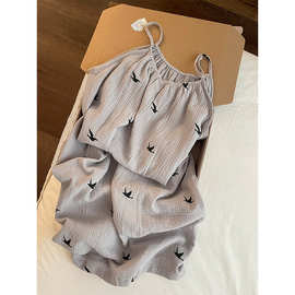 Sin Glee ins风高级感吊带睡裙女夏季复古简约印花双层棉纱居家裙