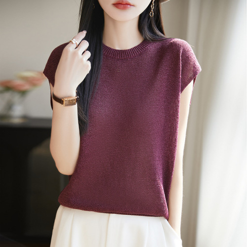 Women's Solid Color Thin Ice Silk Crew Neck Knit Backless Top for Spring and Summer
