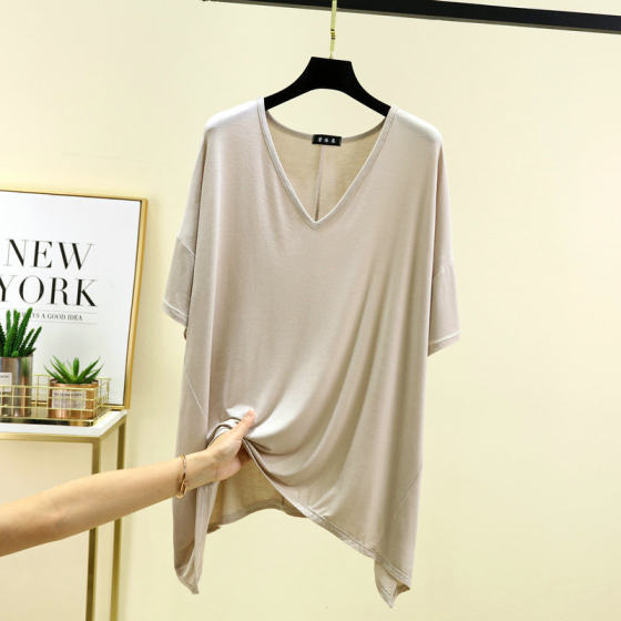 Loose V-neck irregular half sleeve T-shirt summer thin modal large size half sleeve top solid color bottoming shirt