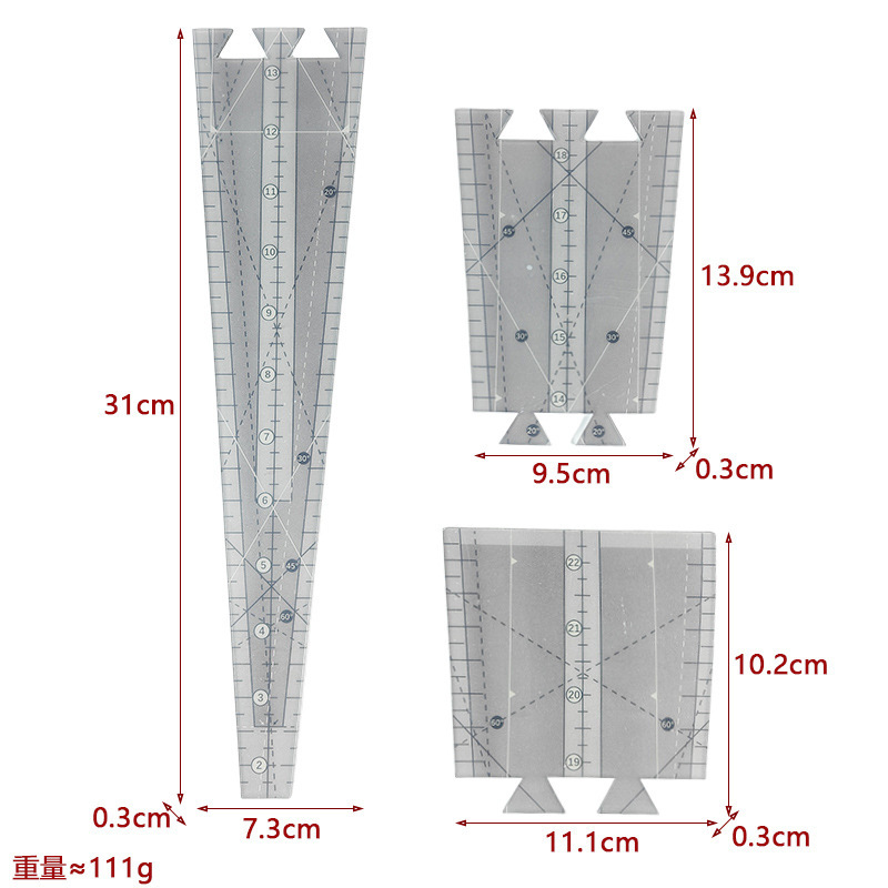 Diseño de prendas de vestir acrílico 90 ° regla de costura de tela de corte de tela doble regla de patrón de tela de corte