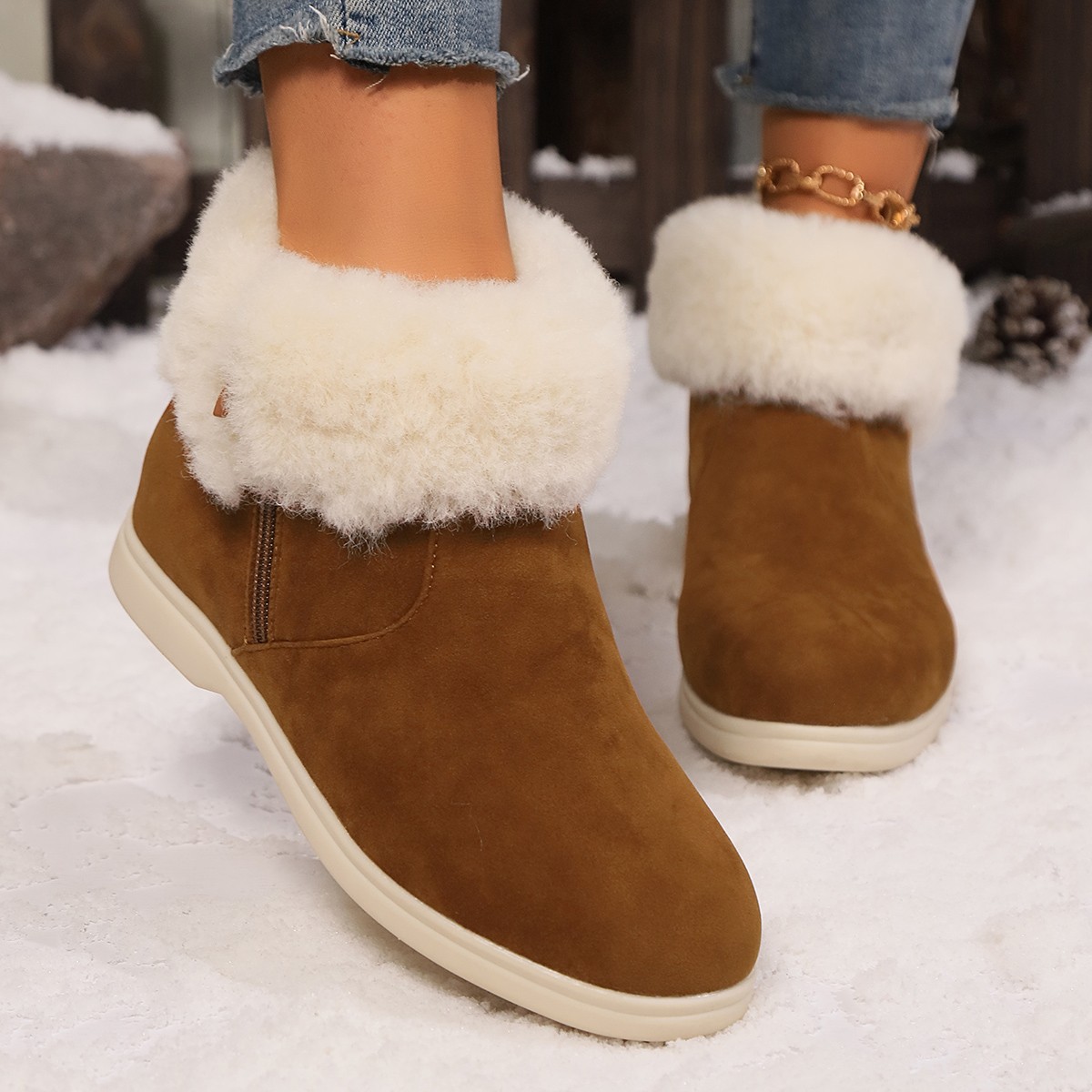 Snow boots women's fur one winter warm short tube diagonal women's cotton shoes boots_voghion.com