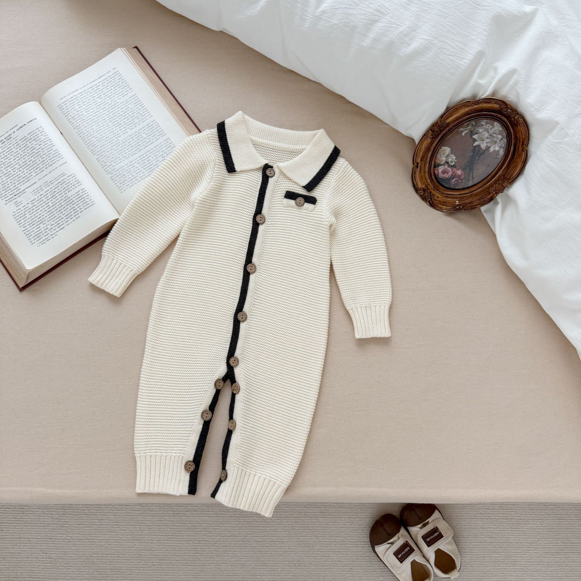 Class a Knitted One-Piece Romper for Spring and Autumn, Unisex Baby Pure Cotton Versatile Collared Outdoor Crawling Suit, Pure Cotton One-Piece Outfit