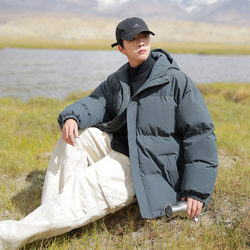 Winter hooded thick solid color puffer jacket for men, loose fit, couple style, warm sports cotton coat, slimming design