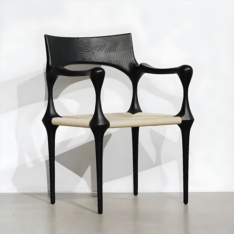 Vintage Black Solid Wood Chair Light Luxury Advanced Designer Armrest Backrest Home Casual Dining Chair for Small Apartment