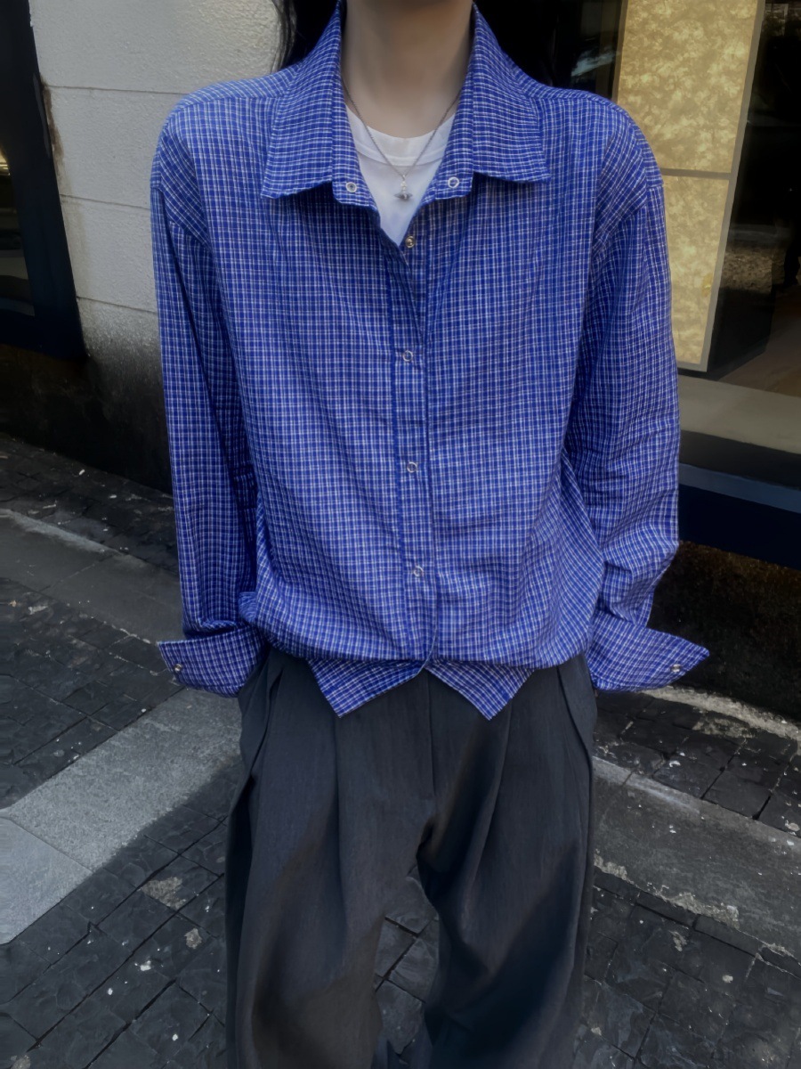 Camicia casual uomo a quadri oversize stile workwear blu scuro_voghion.com