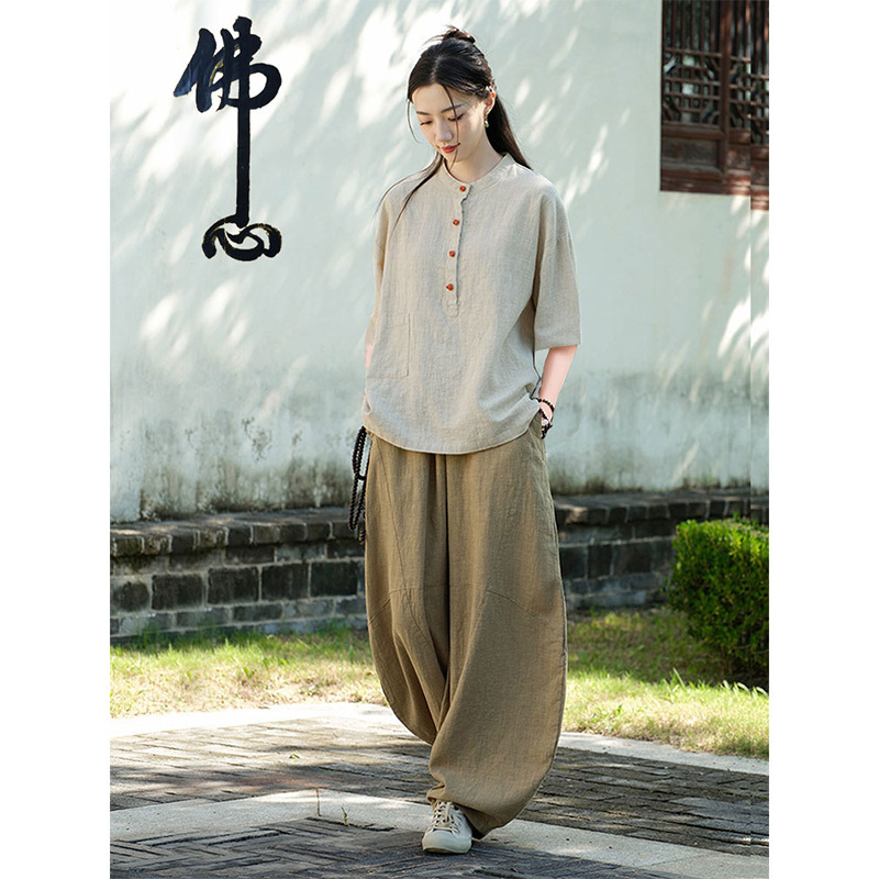女性用在家服、中国風婦人服、綿麻ボタン付きトップス、禅服、中国風仏教禅無地スーツ|undefined