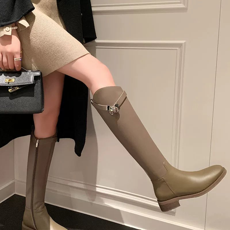 Мягкие кожаные узкие рыцарские сапоги, новинка 2022 года, серые сапоги без косточек со слонами на плоской подошве, универсальные высокие сапоги в Корейском стиле с замком