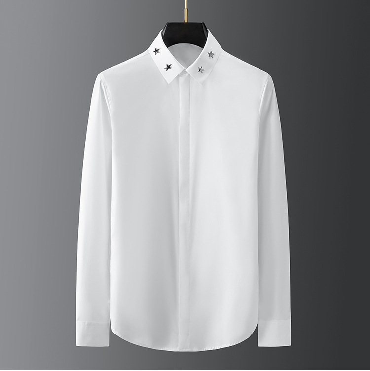 Áo sơ mi nam dài tay cotton phong cách cổ điển, họa tiết ngôi sao năm cánh đinh tán kim loại thủ công — Màu trắng, Màu đen chi tiết 6