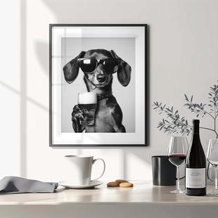 Modern Cute Creative Black and White Dachshund Drinking Beer Restaurant Bar Poster Canvas Decorative Painting Core Frameless Hanging Painting