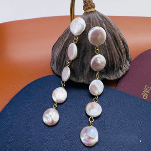 Homemade Strong Light Powder Light Baroque Freshwater Button Pearl Long Tassel Slimming Look Earrings Large Style