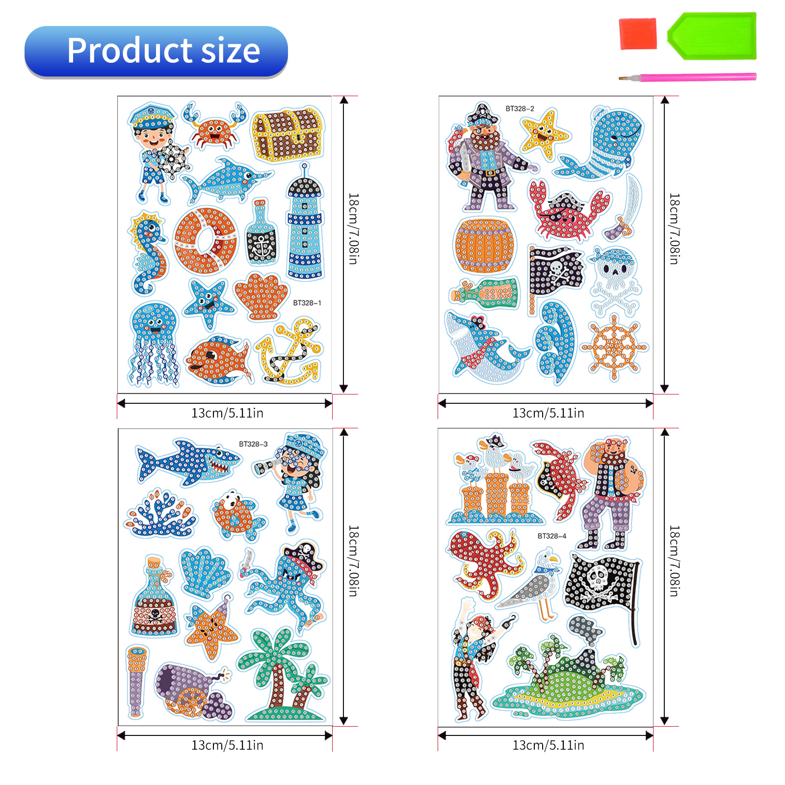 Venta caliente dibujos animados pirata marino pintura de diamantes pegatinas al azar pintura de mampostería de bricolaje pegatinas de pared pegatinas hechas a mano para niños diamantes redondos