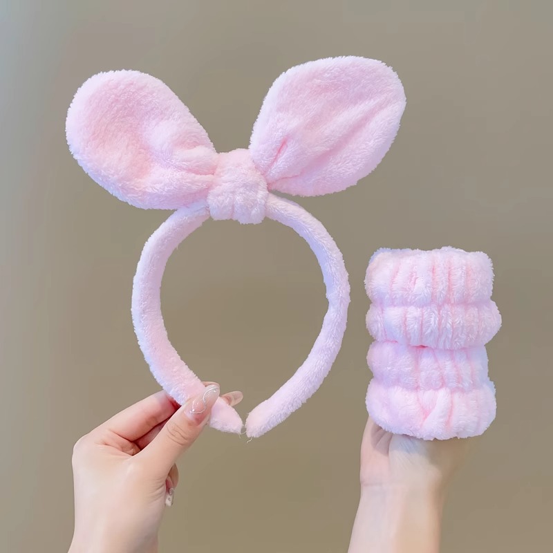 Lindo Rosa lavado de cara banda de pelo de las mujeres a prueba de humedad banda de muñeca banda de pelo absorbente de tres piezas conjunto máscara facial diadema especial