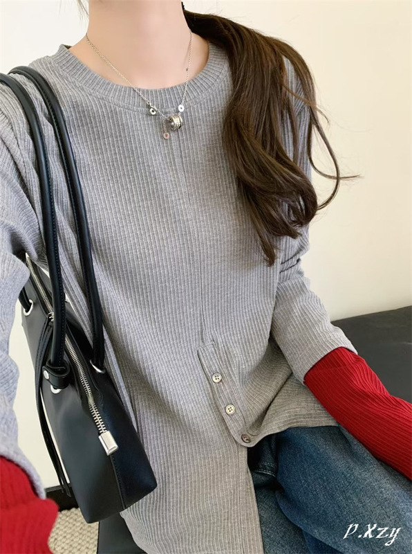 009 秋季新款慵懒风坑条纯色上衣薄棉长袖撞色打底衫女士弹力T恤|undefined