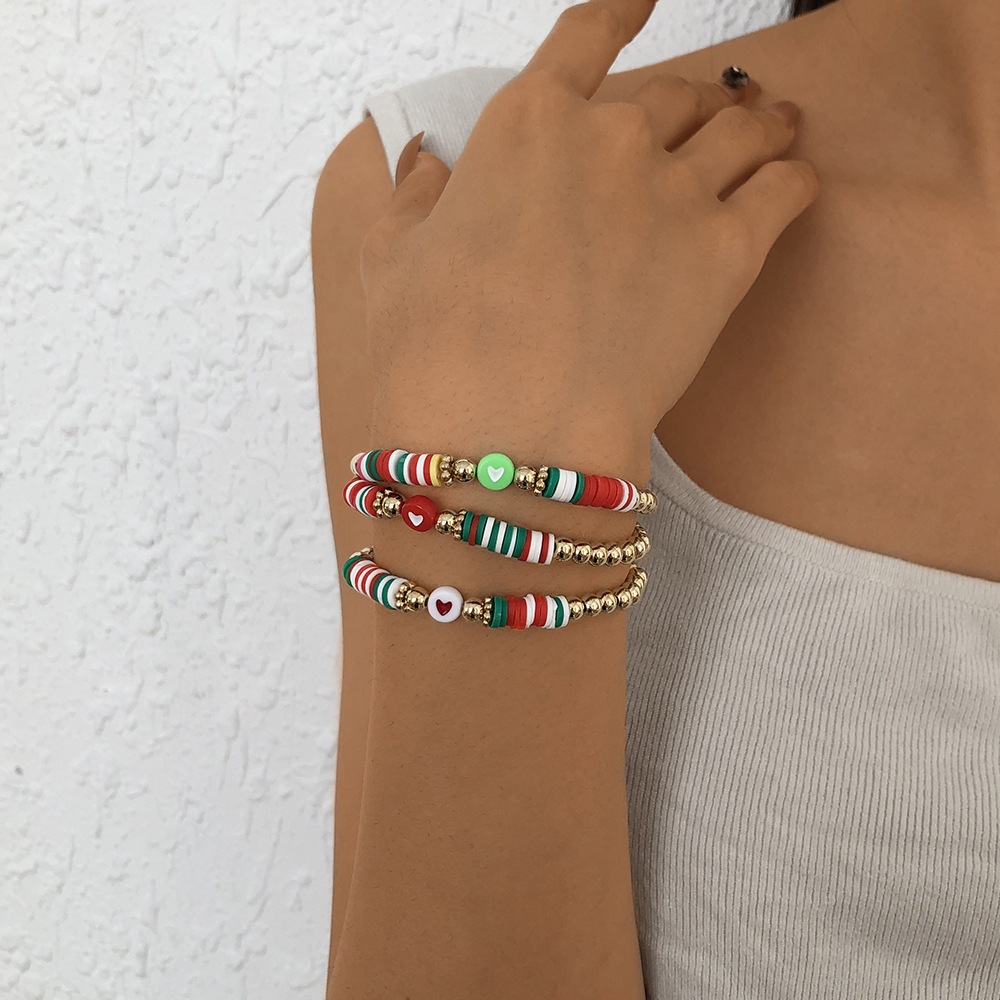 1519 Christmas Colorful Beaded Bracelet Stretch Polymer Clay round Beads Fashion Carrying Strap Cros