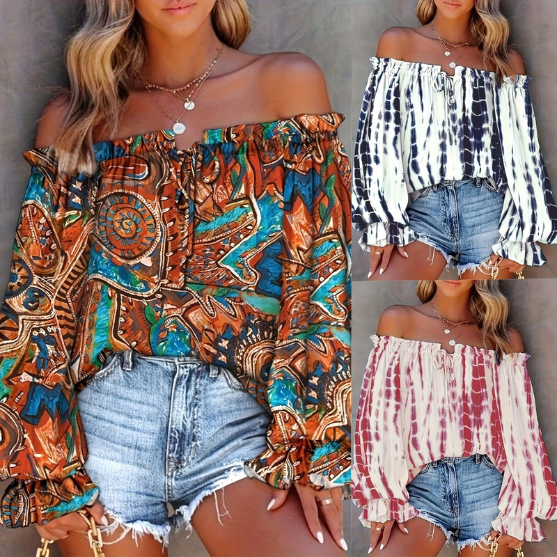 2025 European and American Independent Amazon Hot Selling Open Shoulder Printed Contrast Bubble Sleeve Lace Loose Women's Top