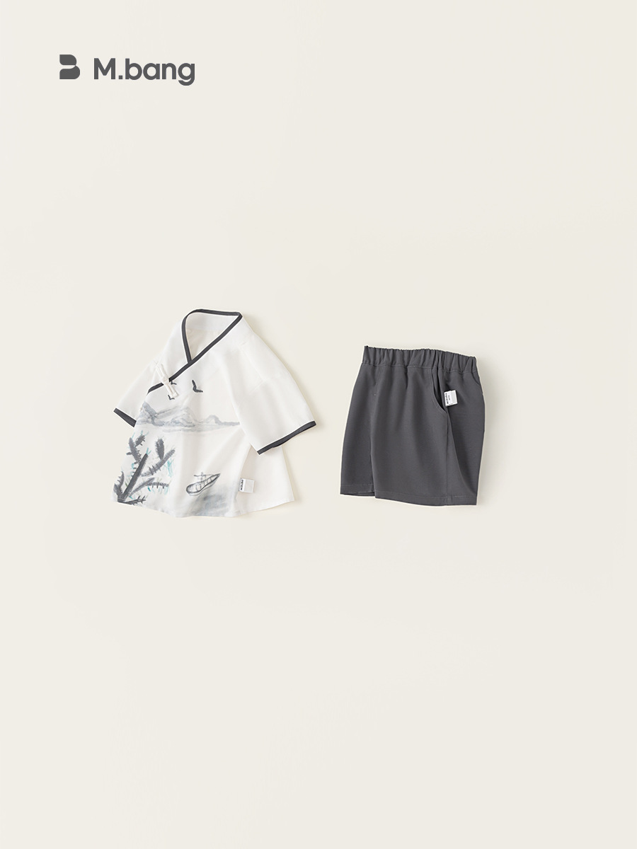 Bangchoan ropa infantil para niños, traje de verano, chaqueta de estilo nacional, pantalones cortos de mangas cortas, ropa infantil de dos piezas