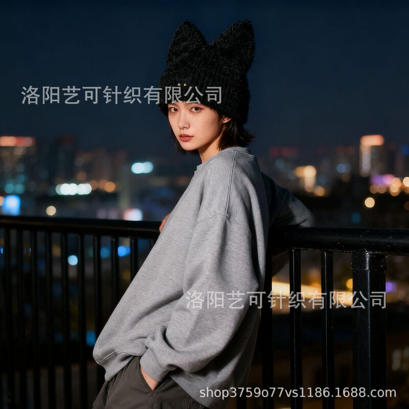 跨境新款猫咪耳朵针织帽刺绣毛线帽可爱秋冬保暖套头帽子外贸冷帽|undefined