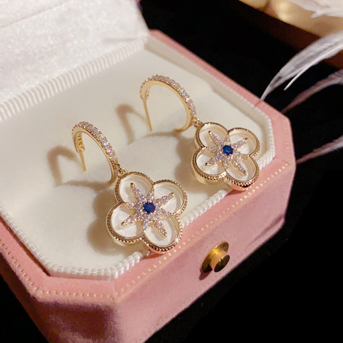 S925 Silver Needle Korean-Chinese Style Fashion Light Luxury C-Shaped Earrings for Women with Zirconia Star and Four-Leaf Clover Drop Earrings Wholesale