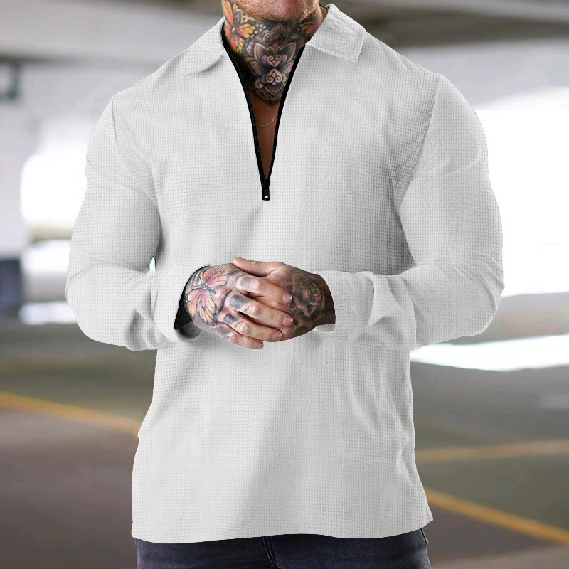 2024 Men's Half Zippered Waffle Thin Dress with Relaxed Short Sleeve Polo Collar_voghion.com