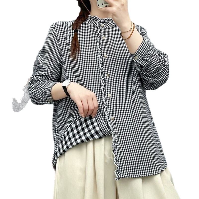 双层棉纱小格子长袖衬衫女出口复古文艺柔软亲肤棉质打底上衣|undefined