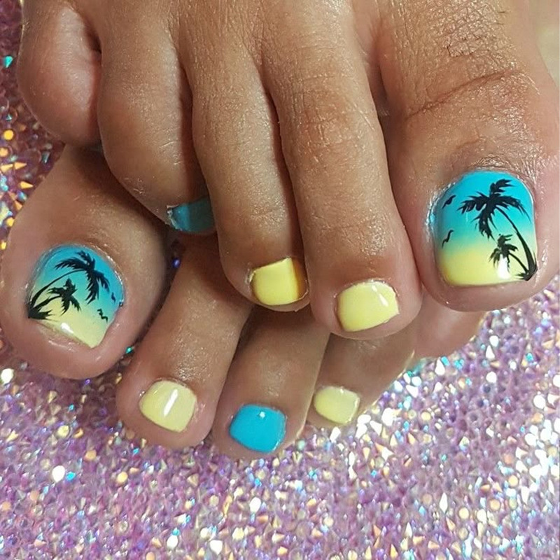 Summer Yellow Blue Gradient Ocean Wind Black Coconut Tree Design Wearing Manicure Pieces Toenail Patch