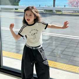 童装女童短袖t恤女夏天新款黑白条纹中大童印花短款半袖修身上衣