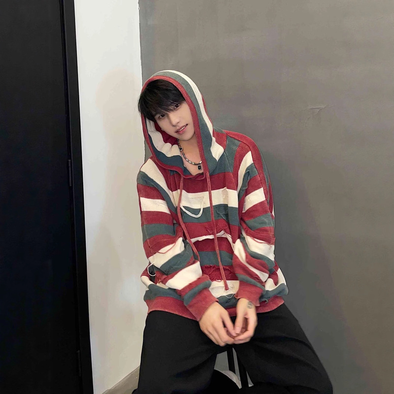 Retro Color Matching Beige Red and Blue Wide Striped Rolled Edge Loose Knitwear New Early Autumn Lazy Style Knitwear