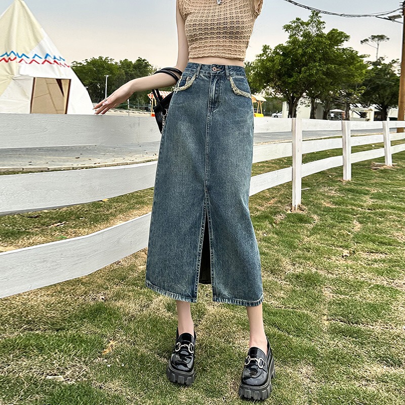レトロスリットデニムスカート女性用夏薄手2025新作ハイウエスト痩身ミッドレングスAラインヒップスカート|undefined