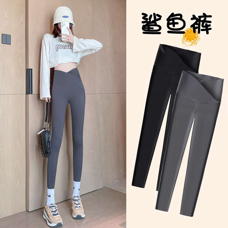 Pregnant Women's Pants Shark Leather Pants Spring and Autumn Cross Waist Belly Hip Lifting Yoga Skinny Legs Goddess Bottoming Barbie Pants