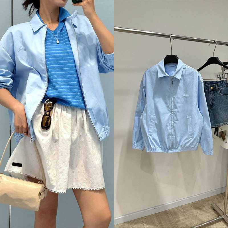 2026 Spring/Summer Shenzhen Nanyou Light Blue Patch Lettered Lapel Zipper Jacket Korean Style Loose Mid-Length Top