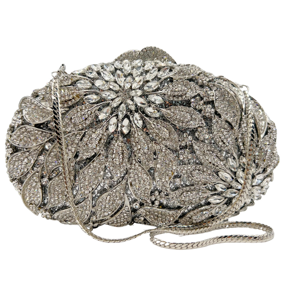 Túi clutch nữ đính kim cương hộp cứng kim loại rỗng — Kim cương trắng trên vàng, Kim cương vàng trên vàng, bạc, sâm panh chi tiết 2