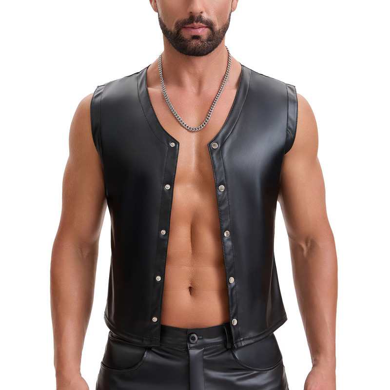 Cross-Border European and American Men's Matte Leather Vest, Sleeveless Slim Fit Gilet, V-Neck Single-Breasted Punk Top, Biker Style