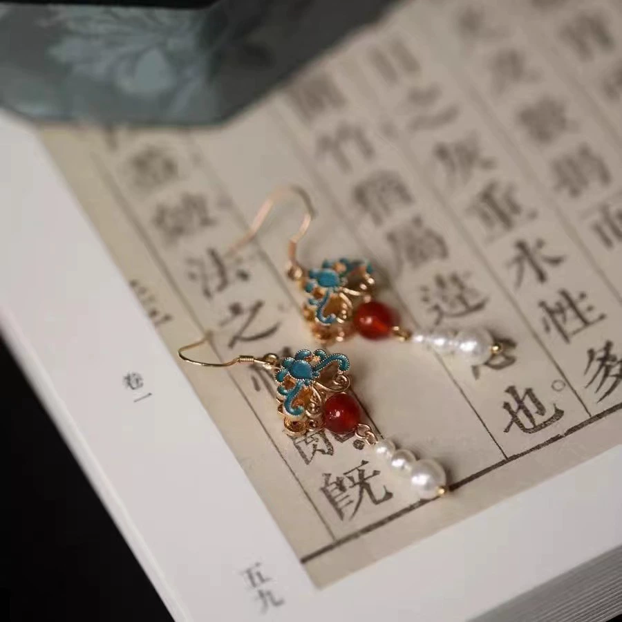 Длинное жемчужное кимоно Hanfu с ретро серьгами, золото 14k, украшение для женщин