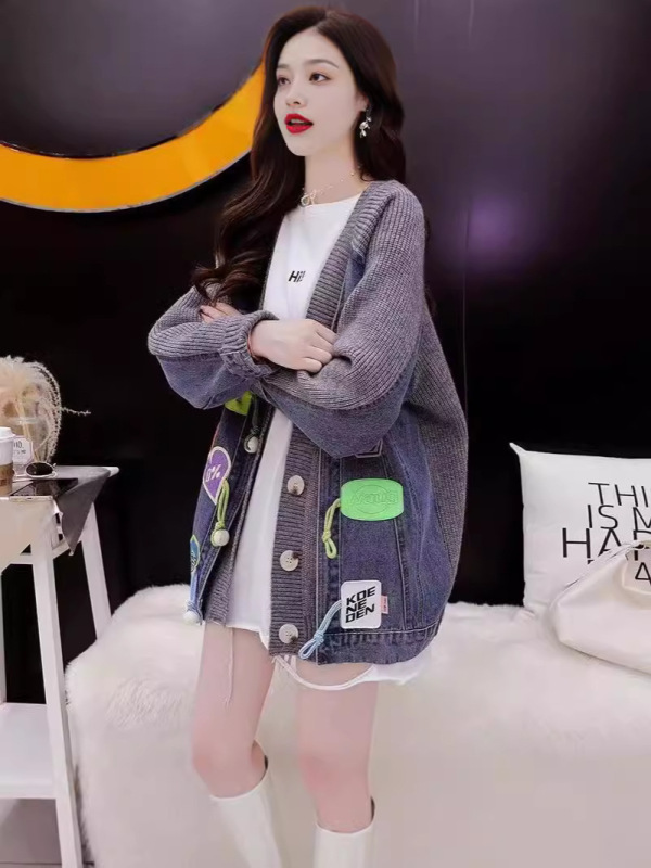韓国風デニム切り替えセーターコート レディース 2025秋冬新作 デザイン性抜群 ニッチ ゆったり カーディガン ニットトップス|undefined