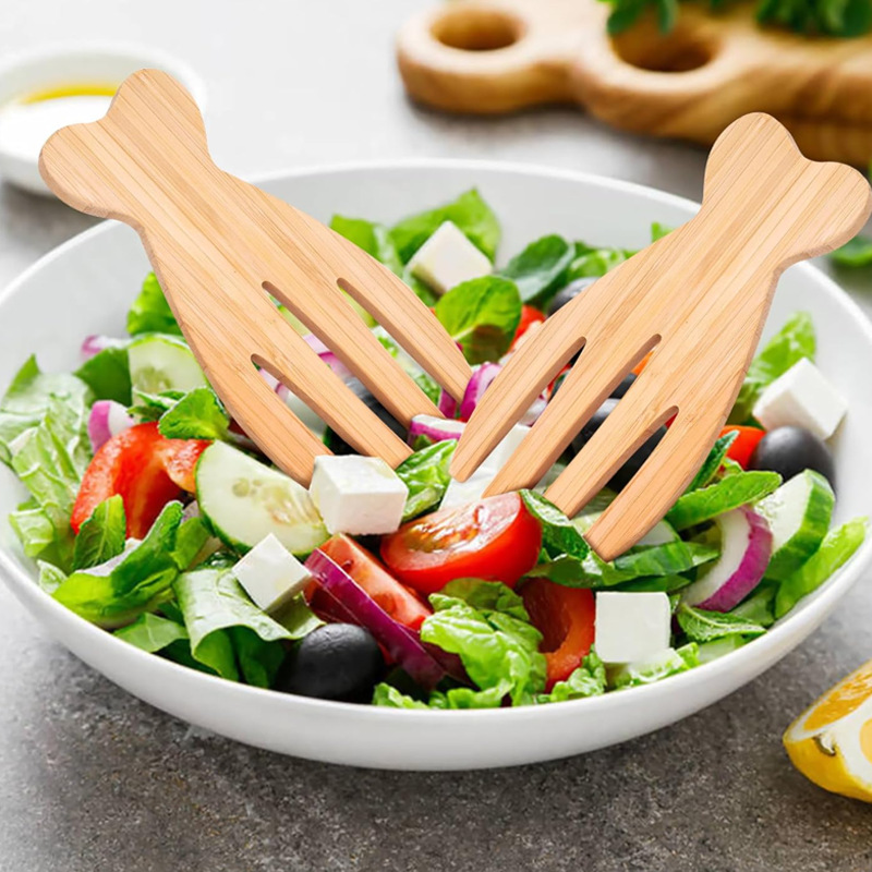 Ensalada de bambú Mango de mano en forma de amor Nuevo producto Venta caliente Mango de amor Ensalada de mano Juego de utensilios de cocina Vajilla para el hogar