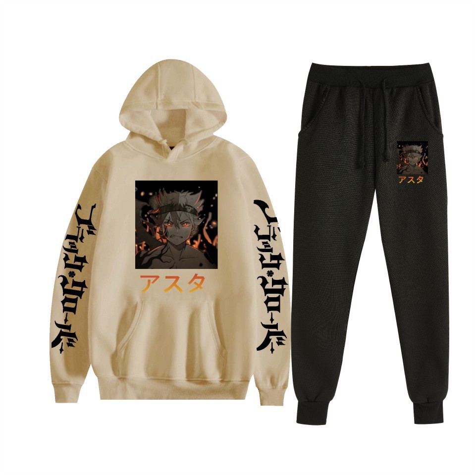 Traje de suéter con capucha suelto de dos piezas de trébol de cuatro hojas negro para hombres y mujeres con estampado de letras nuevas transfronterizas