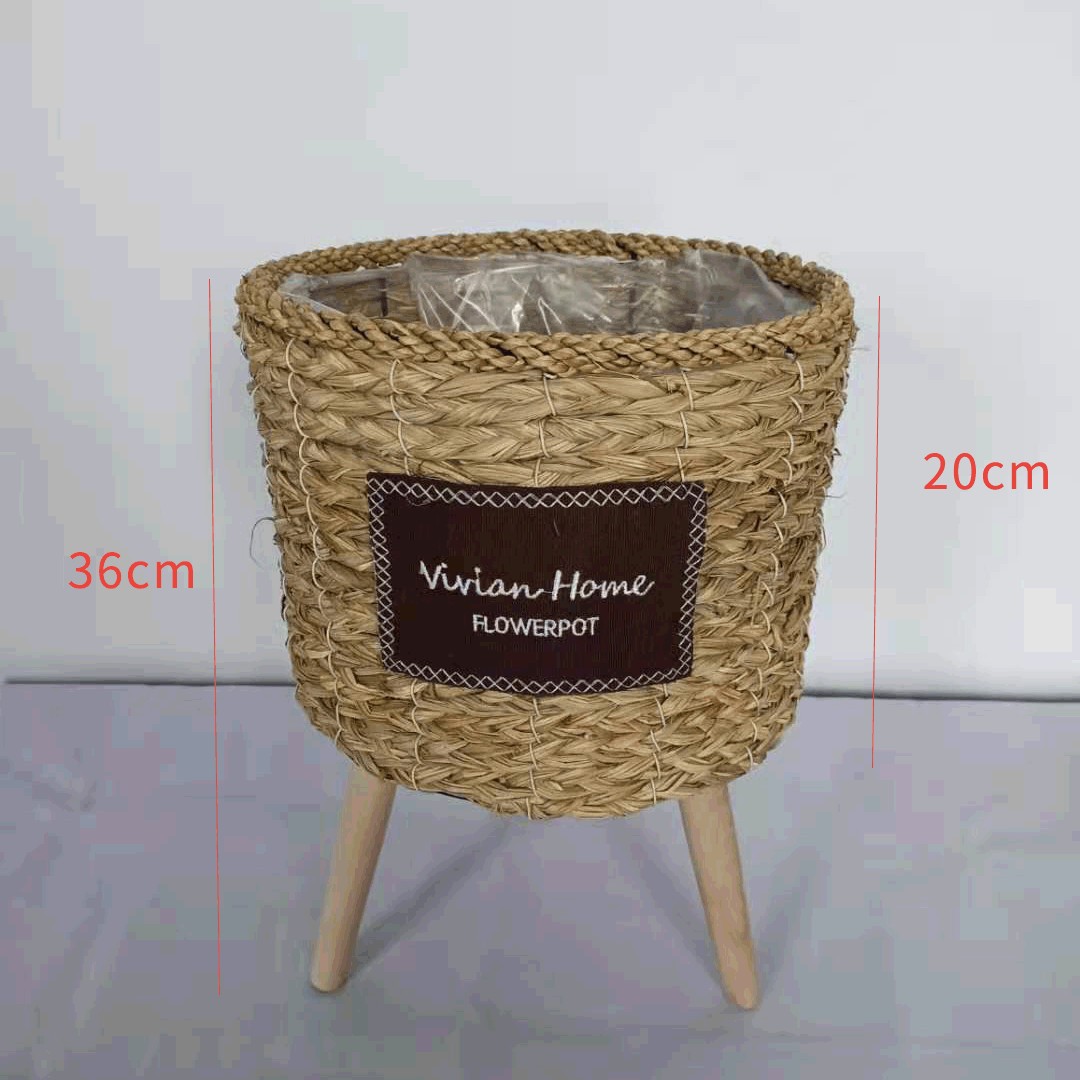 Piso de La Flor soporte de madera pierna piso flor soporte tejida flor olla sala de estar balcón decoración flor cesta paja tejido piso soporte