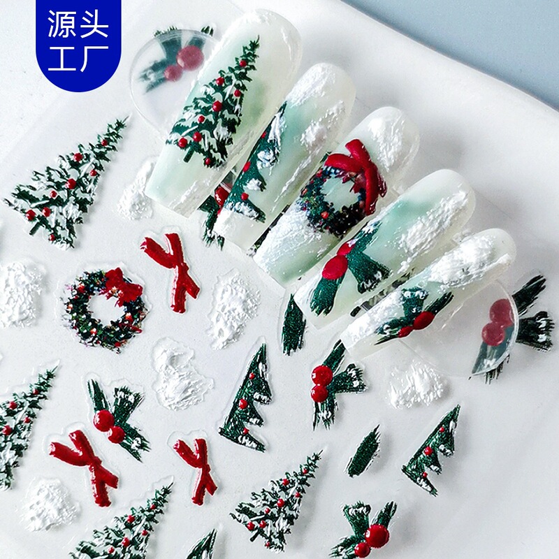 Cross-Border New Christmas Nail Stickers European and American Christmas Tree Colorful 5D Embossed Three-Dimensional Adhesive Nail Stickers Wholesale